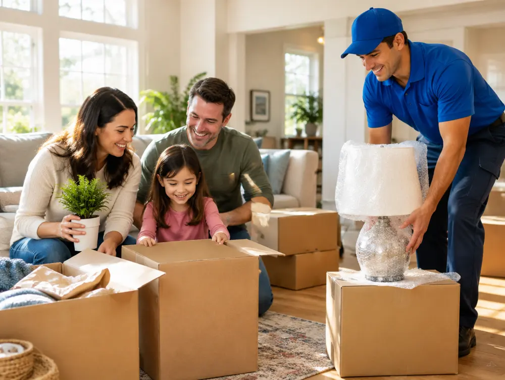 Family unpacking in their new home with a mover