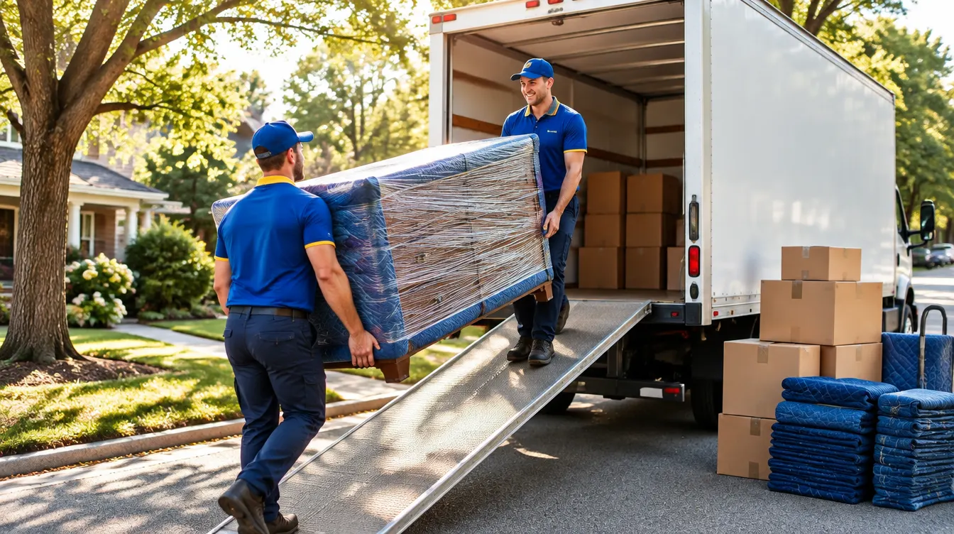 Movers carrying a wrapped dresser up a moving truck ramp
